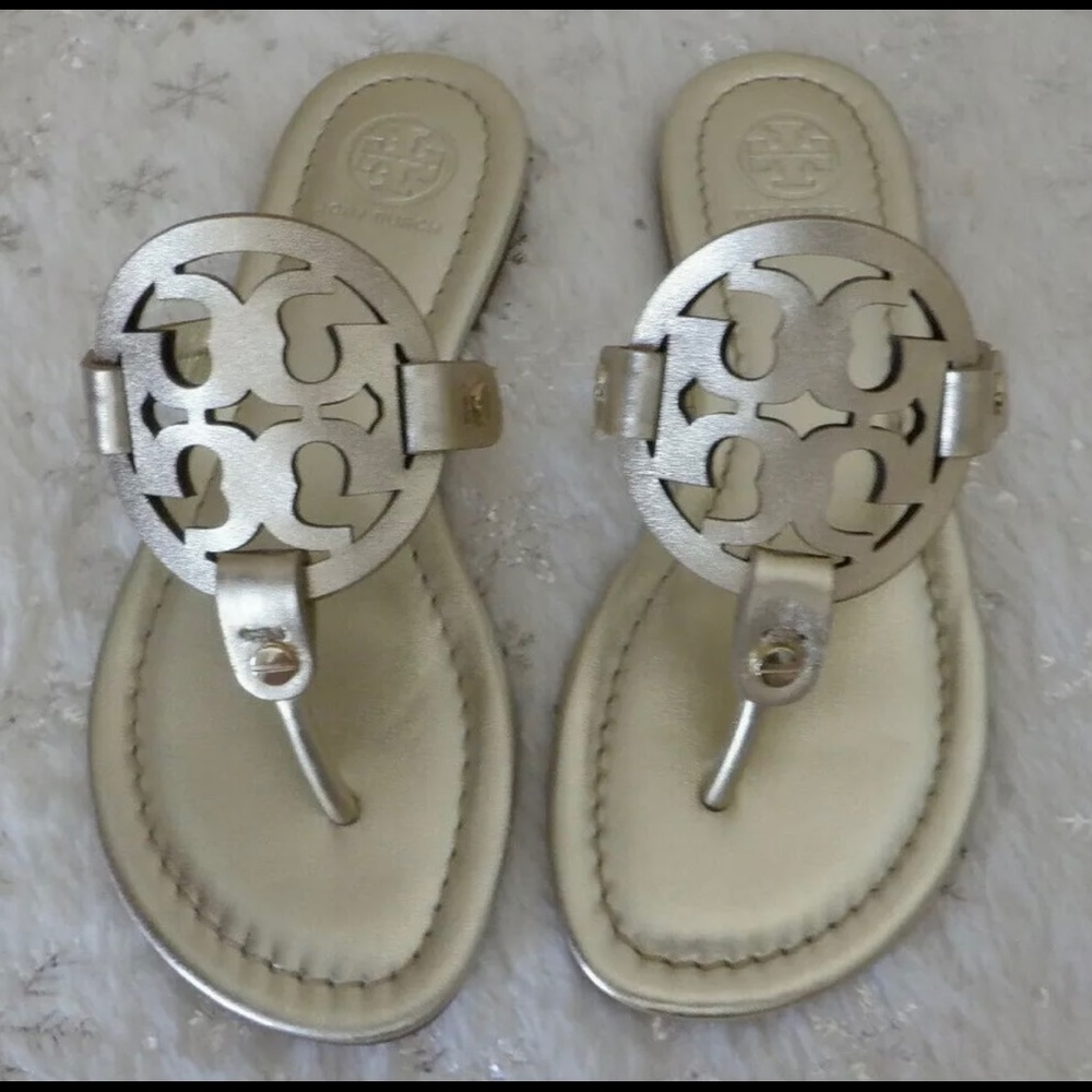 Tory Burch Miller Metallic Leather Spark Gold Sandals Size 4.5 New - Bag, No box